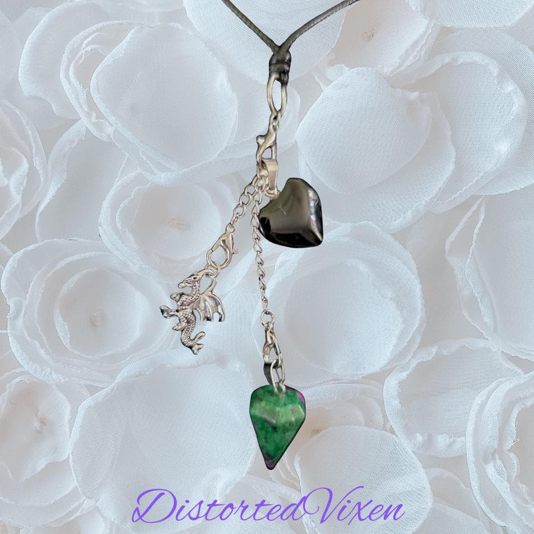 Black Obsidian Heart & Ruby Zoisite Pendulum Necklace – Interchangeable Dragon Charm Jewelry, Gothic Crystal Necklace - Thumbnail 5