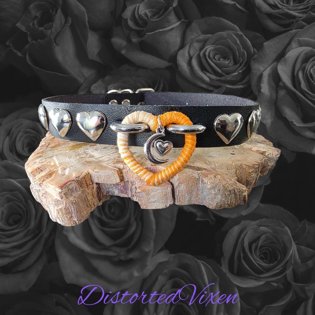 Gothic Faux Leather Heart Choker – Silver Moon Charm, Hand-Wrapped - Thumbnail 6