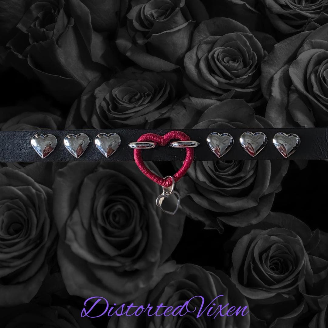 Black Faux Leather Heart Choker – Gothic Silver Studded Collar - Thumbnail 7