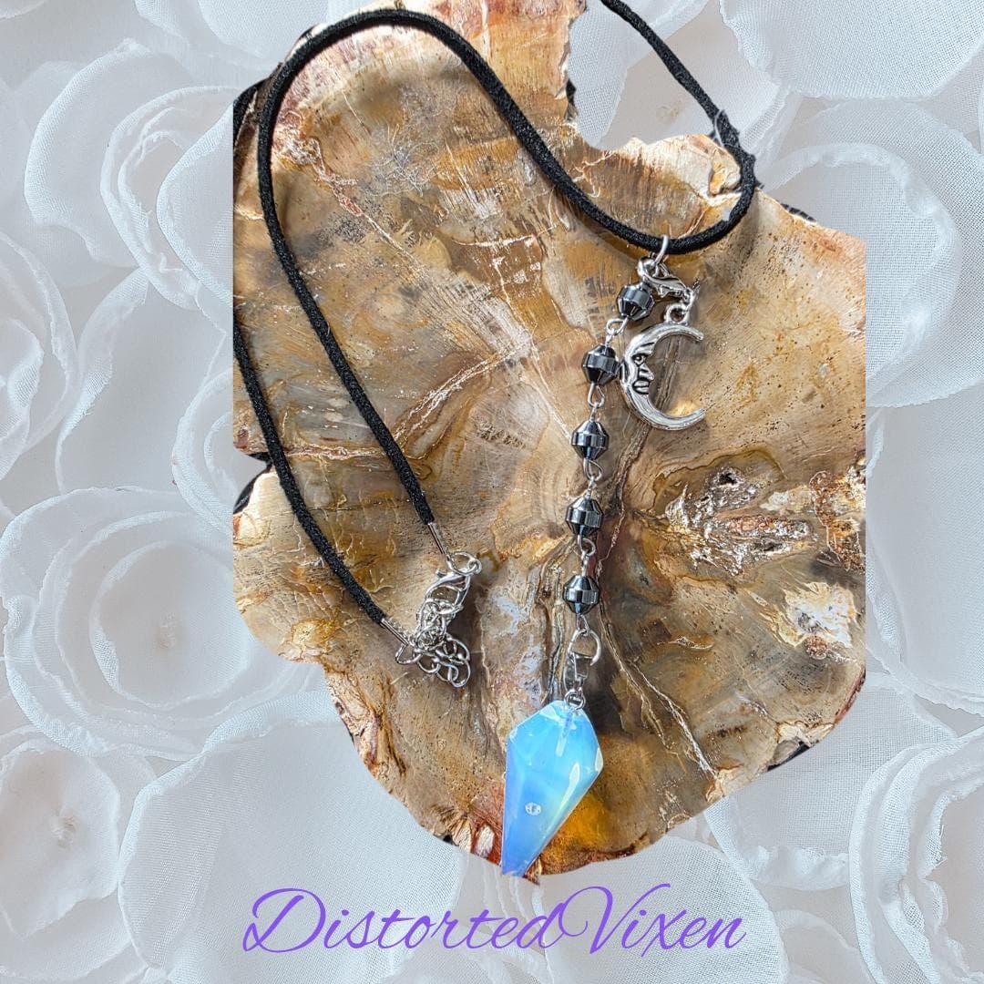 Opalite Moon Pendulum Necklace, Hematite Beads, Witchy Talisman - Thumbnail 12