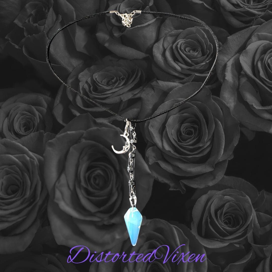 Opalite Moon Pendulum Necklace, Hematite Beads, Witchy Talisman - Thumbnail 4