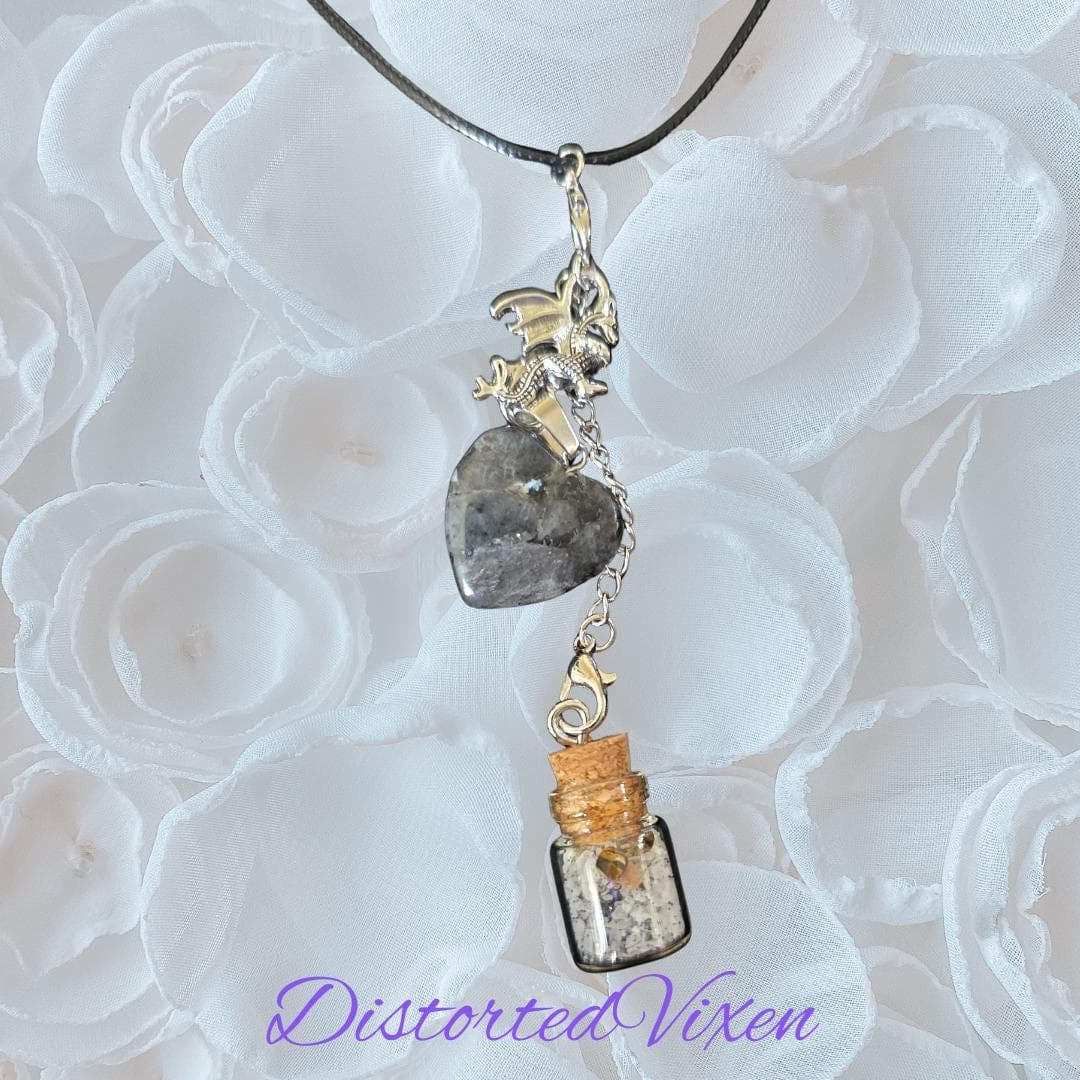 Labradorite Heart Necklace with Spell Bottle & Dragon Charm | Interchangeable Ritual Jewelry - Thumbnail 5