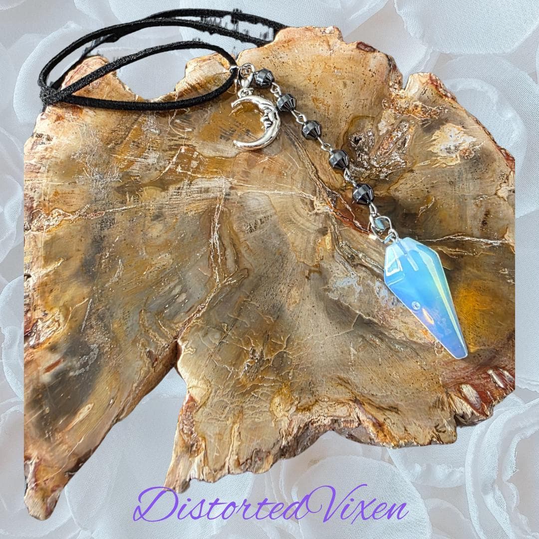 Opalite Moon Pendulum Necklace, Hematite Beads, Witchy Talisman - Thumbnail 5