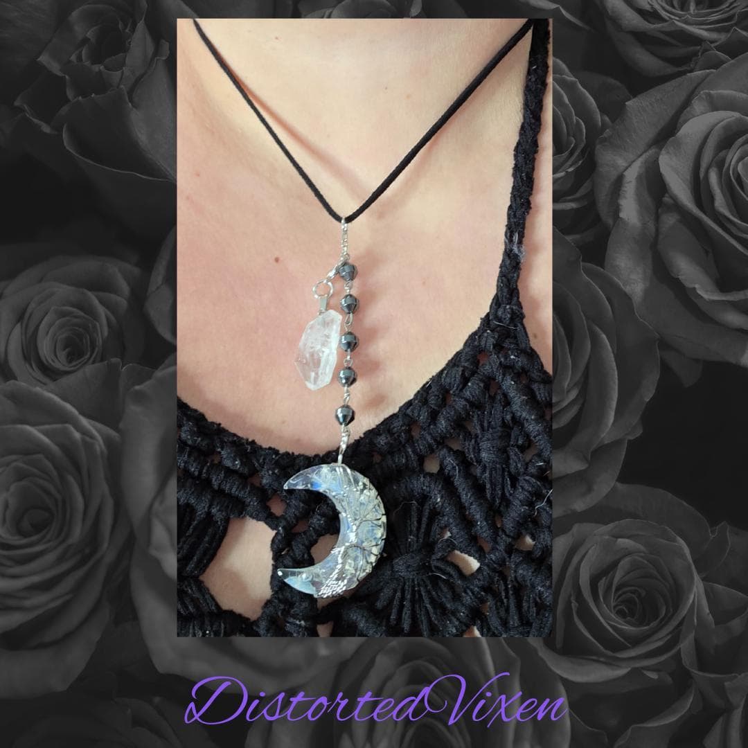 Opal Crescent Moon Necklace, Clear Quartz, Hematite, Witchy Goth Jewelry - Thumbnail 2