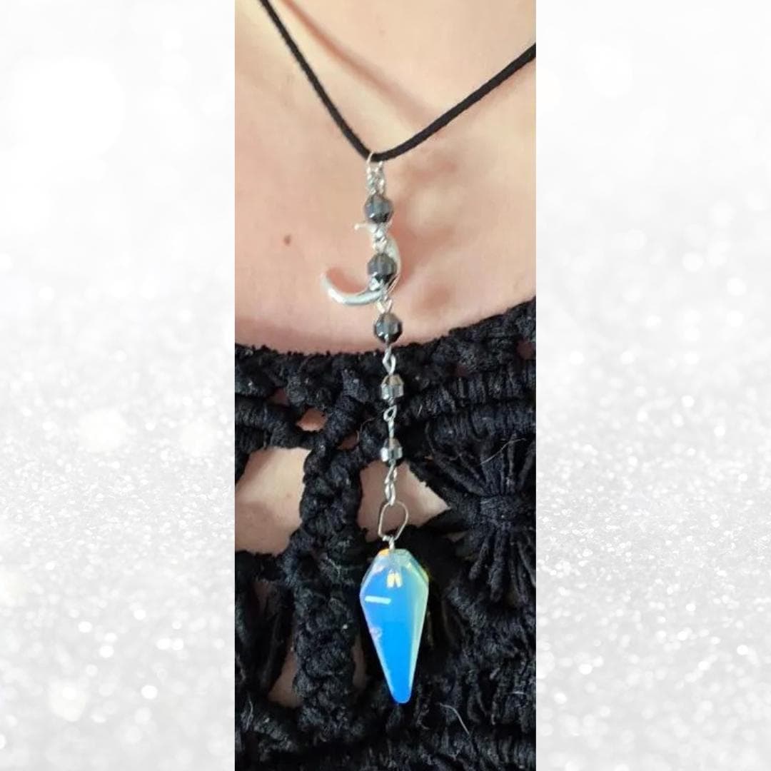 Opalite Moon Pendulum Necklace, Hematite Beads, Witchy Talisman