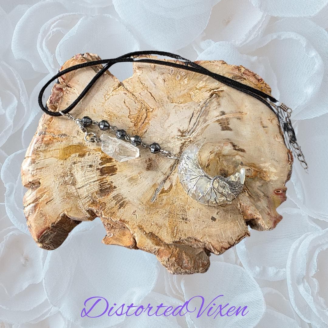 Opal Crescent Moon Necklace, Clear Quartz, Hematite, Witchy Goth Jewelry - Thumbnail 10