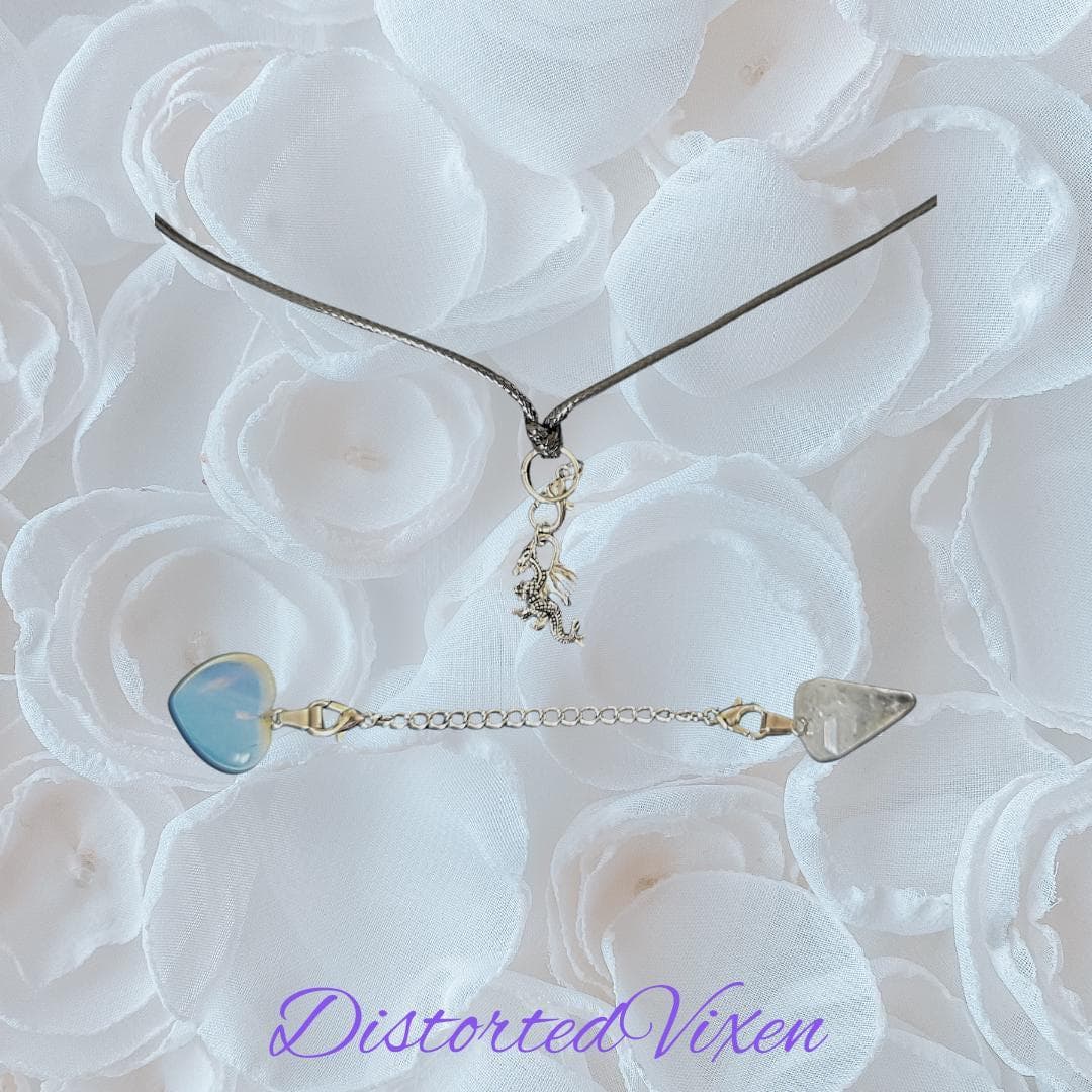 Quartz Pendulum & Opalite Heart Necklace – Interchangeable Dragon Charm, Modular Gothic Jewelry - Thumbnail 3