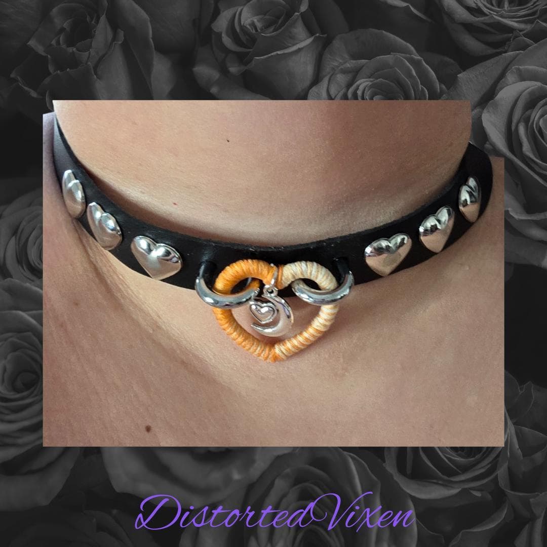Gothic Faux Leather Heart Choker – Silver Moon Charm, Hand-Wrapped - Thumbnail 2