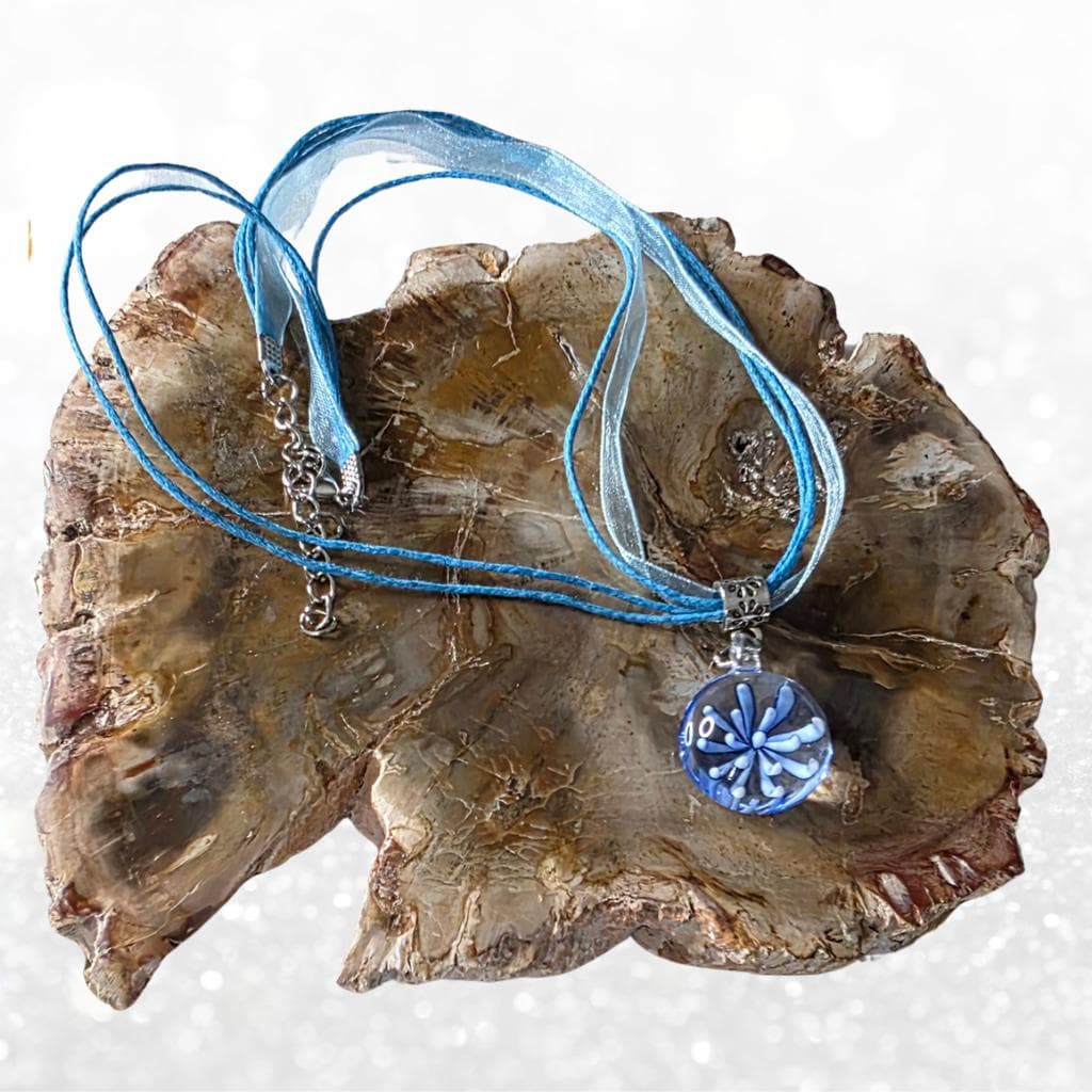 Gothic Armor Blue Starburst Glass Pendant - Multi-Strand Ribbon & Cord Necklace - Thumbnail 6