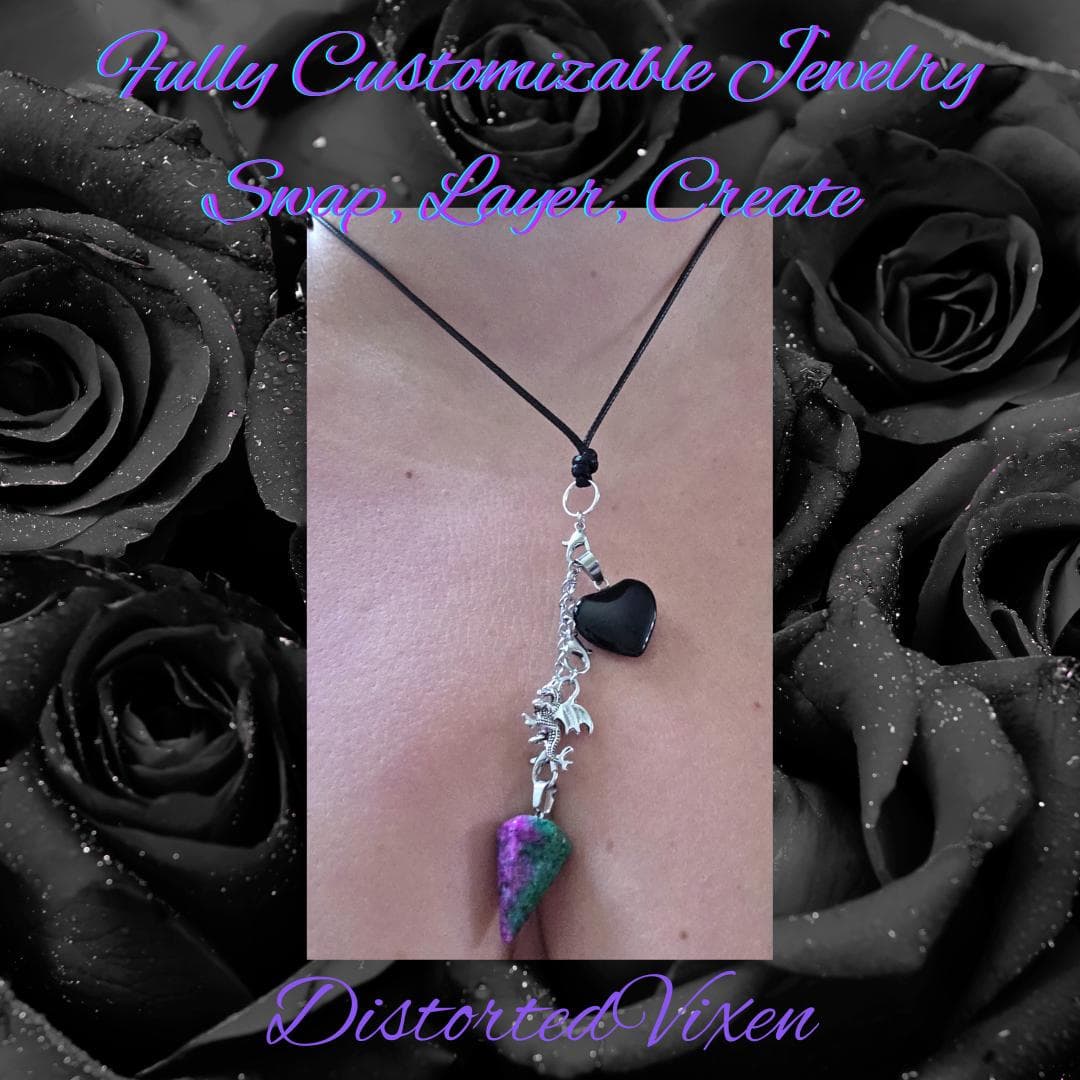 Black Obsidian Heart & Ruby Zoisite Pendulum Necklace – Interchangeable Dragon Charm Jewelry, Gothic Crystal Necklace - Thumbnail 3