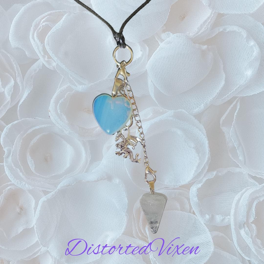 Quartz Pendulum & Opalite Heart Necklace – Interchangeable Dragon Charm, Modular Gothic Jewelry - Thumbnail 2