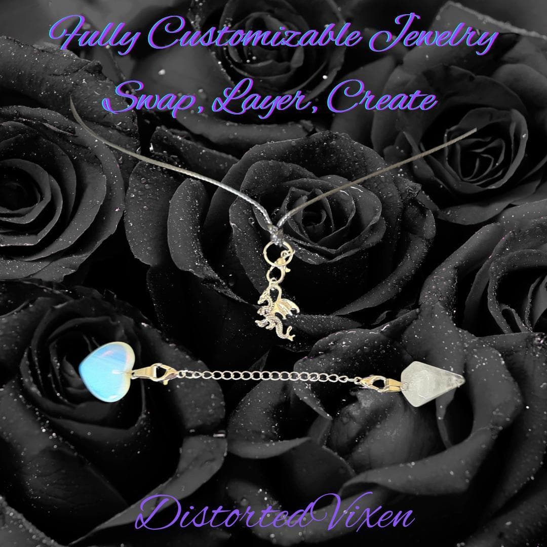 Quartz Pendulum & Opalite Heart Necklace – Interchangeable Dragon Charm, Modular Gothic Jewelry - Thumbnail 8