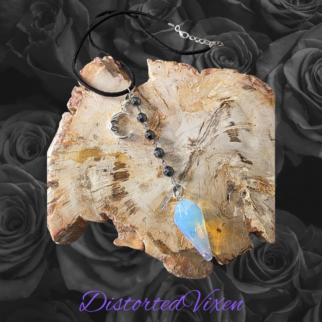Opalite Moon Pendulum Necklace, Hematite Beads, Witchy Talisman - Thumbnail 3