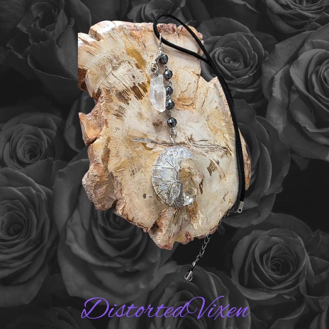 Opal Crescent Moon Necklace, Clear Quartz, Hematite, Witchy Goth Jewelry - Thumbnail 3