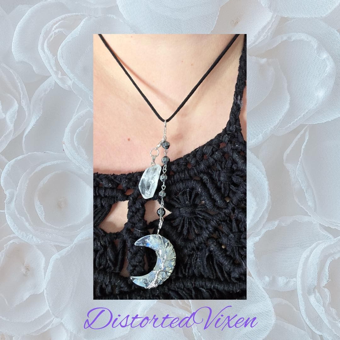 Opal Crescent Moon Necklace, Clear Quartz, Hematite, Witchy Goth Jewelry - Thumbnail 4