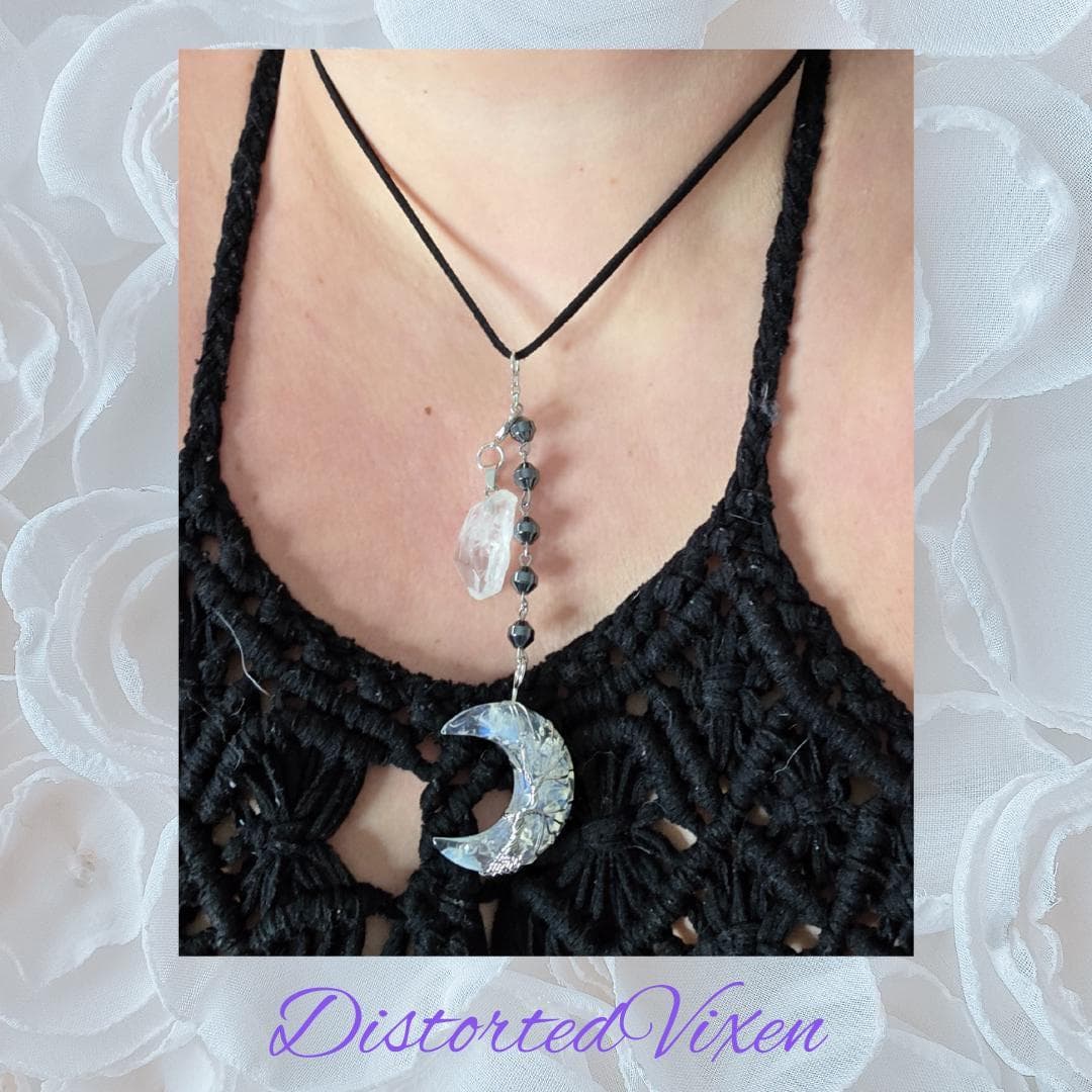 Opal Crescent Moon Necklace, Clear Quartz, Hematite, Witchy Goth Jewelry - Thumbnail 5