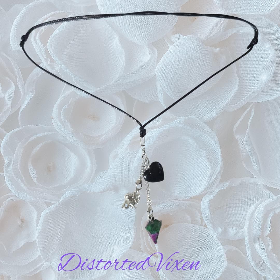 Black Obsidian Heart & Ruby Zoisite Pendulum Necklace – Interchangeable Dragon Charm Jewelry, Gothic Crystal Necklace - Thumbnail 2