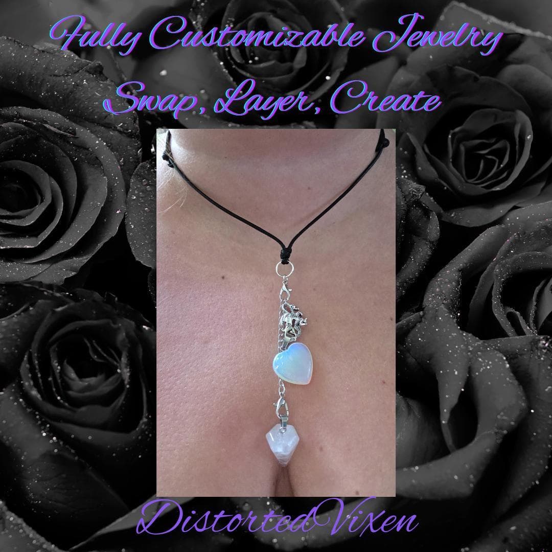 Quartz Pendulum & Opalite Heart Necklace – Interchangeable Dragon Charm, Modular Gothic Jewelry - Thumbnail 5