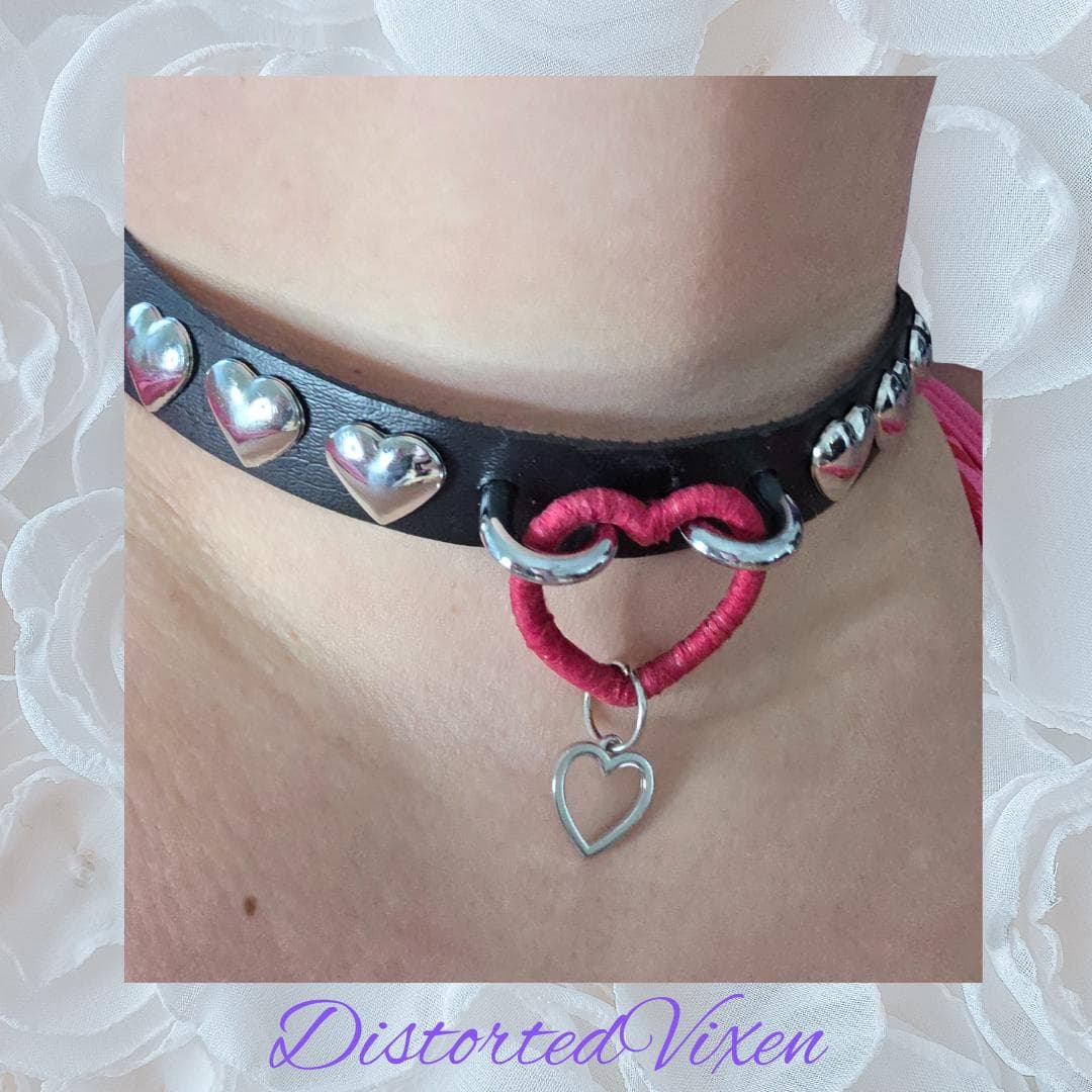 Black Faux Leather Heart Choker – Gothic Silver Studded Collar - Thumbnail 4