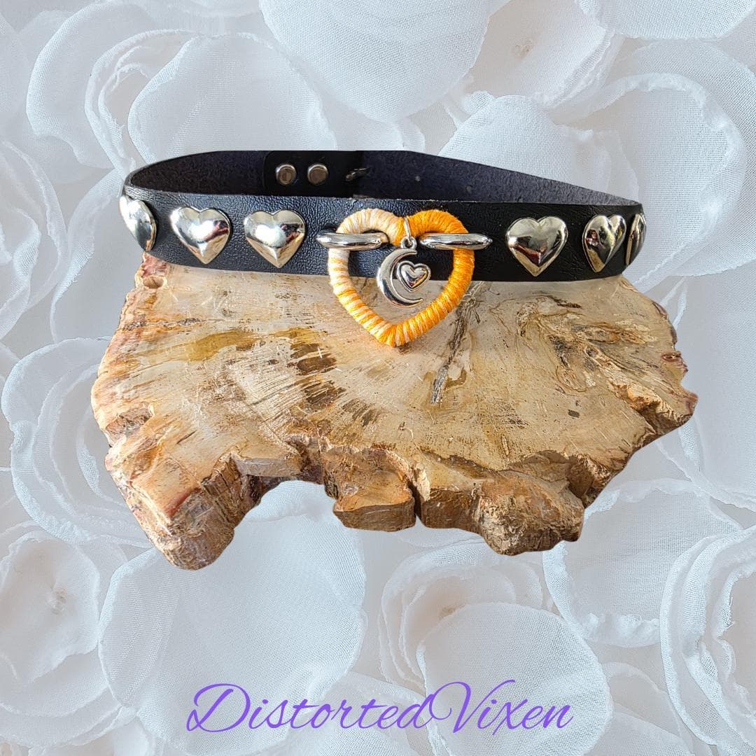 Gothic Faux Leather Heart Choker – Silver Moon Charm, Hand-Wrapped - Thumbnail 7