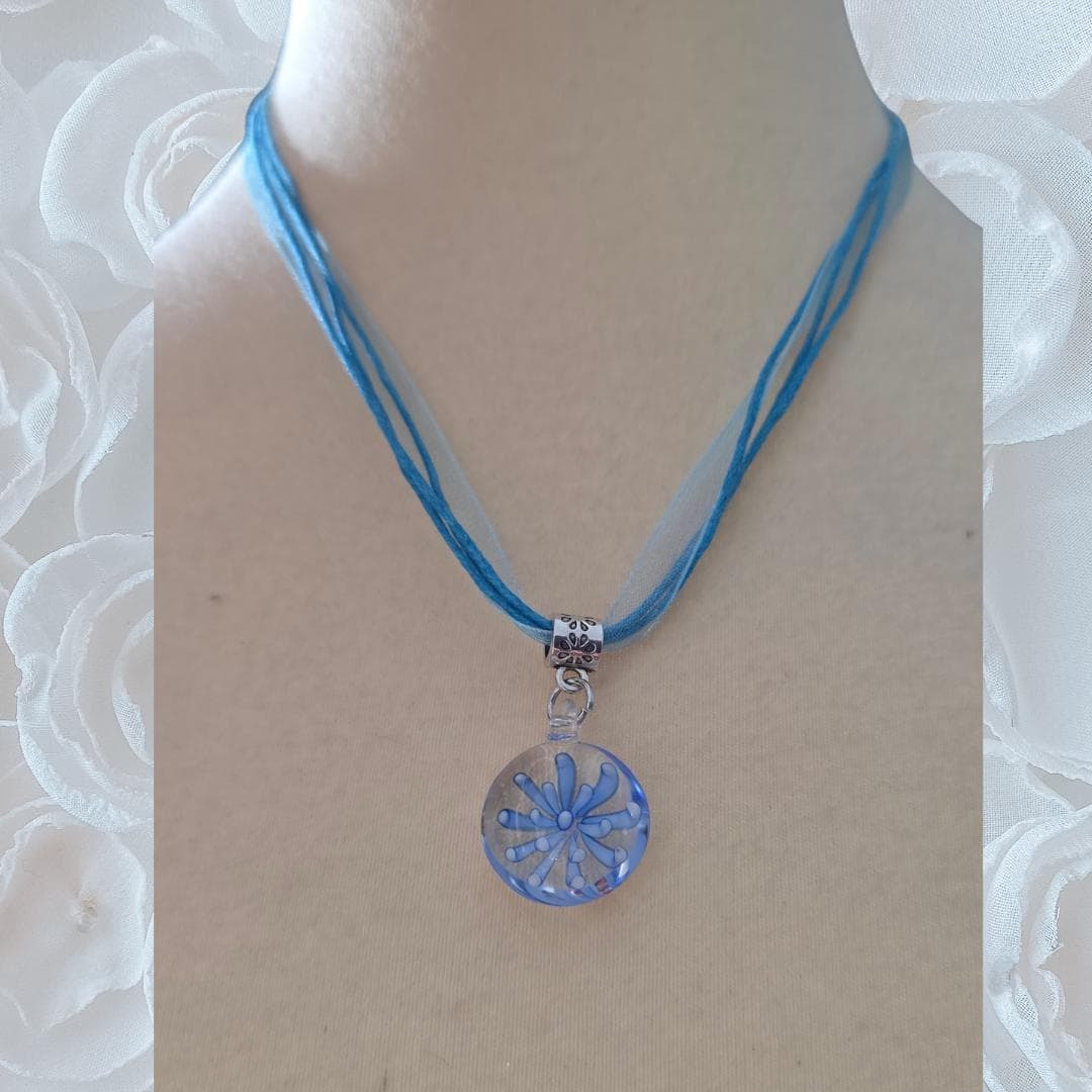 Gothic Armor Blue Starburst Glass Pendant - Multi-Strand Ribbon & Cord Necklace - Thumbnail 2