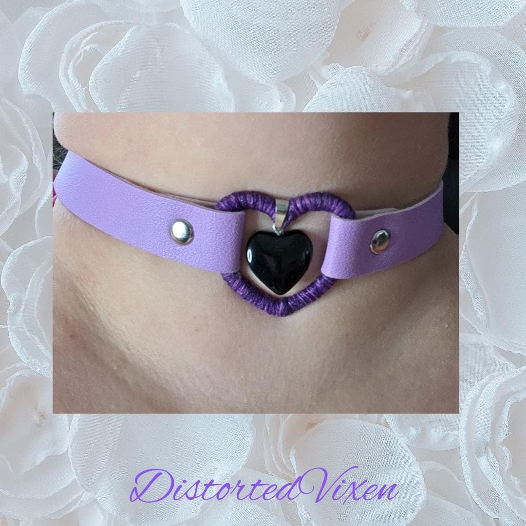 Black Obsidian Heart Choker – Lilac Faux Leather, Gothic Necklace