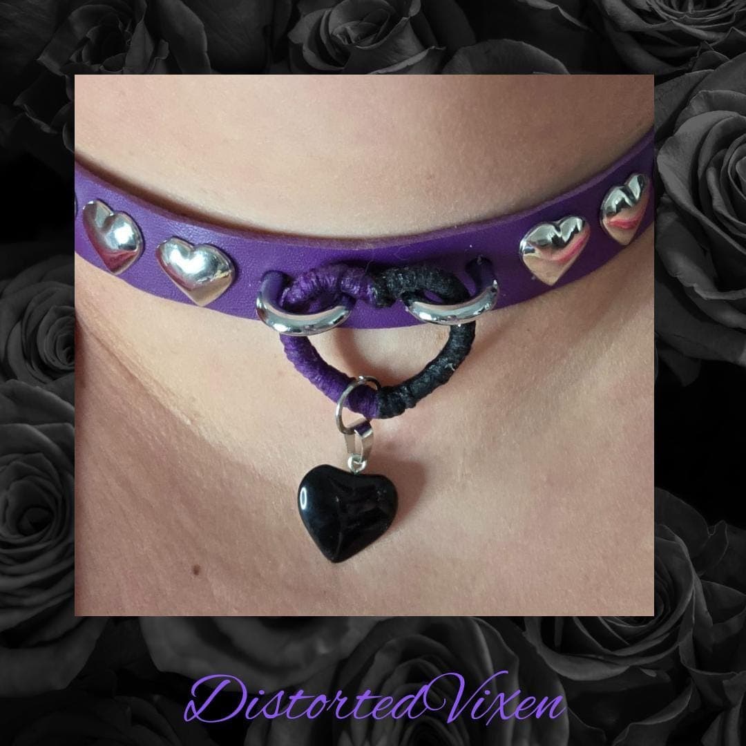 Gothic Purple Heart Choker – Wrapped Center Ring Collar with Black Heart Pendant - Thumbnail 3