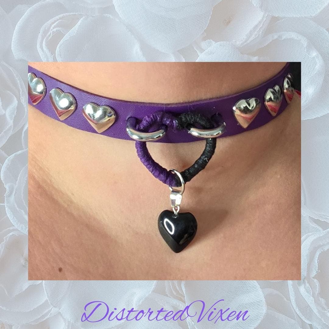 Gothic Purple Heart Choker – Wrapped Center Ring Collar with Black Heart Pendant - Thumbnail 7