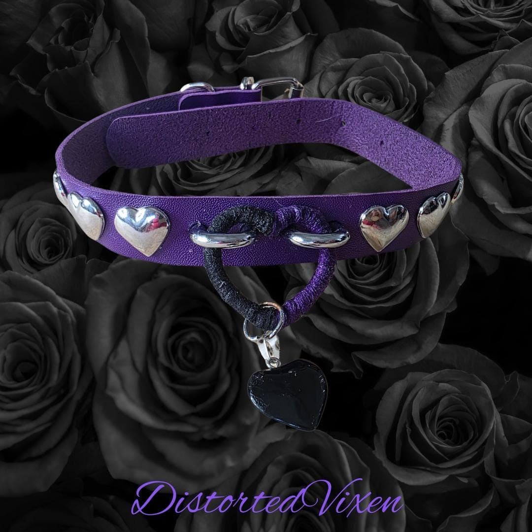 Gothic Purple Heart Choker – Wrapped Center Ring Collar with Black Heart Pendant - Thumbnail 4