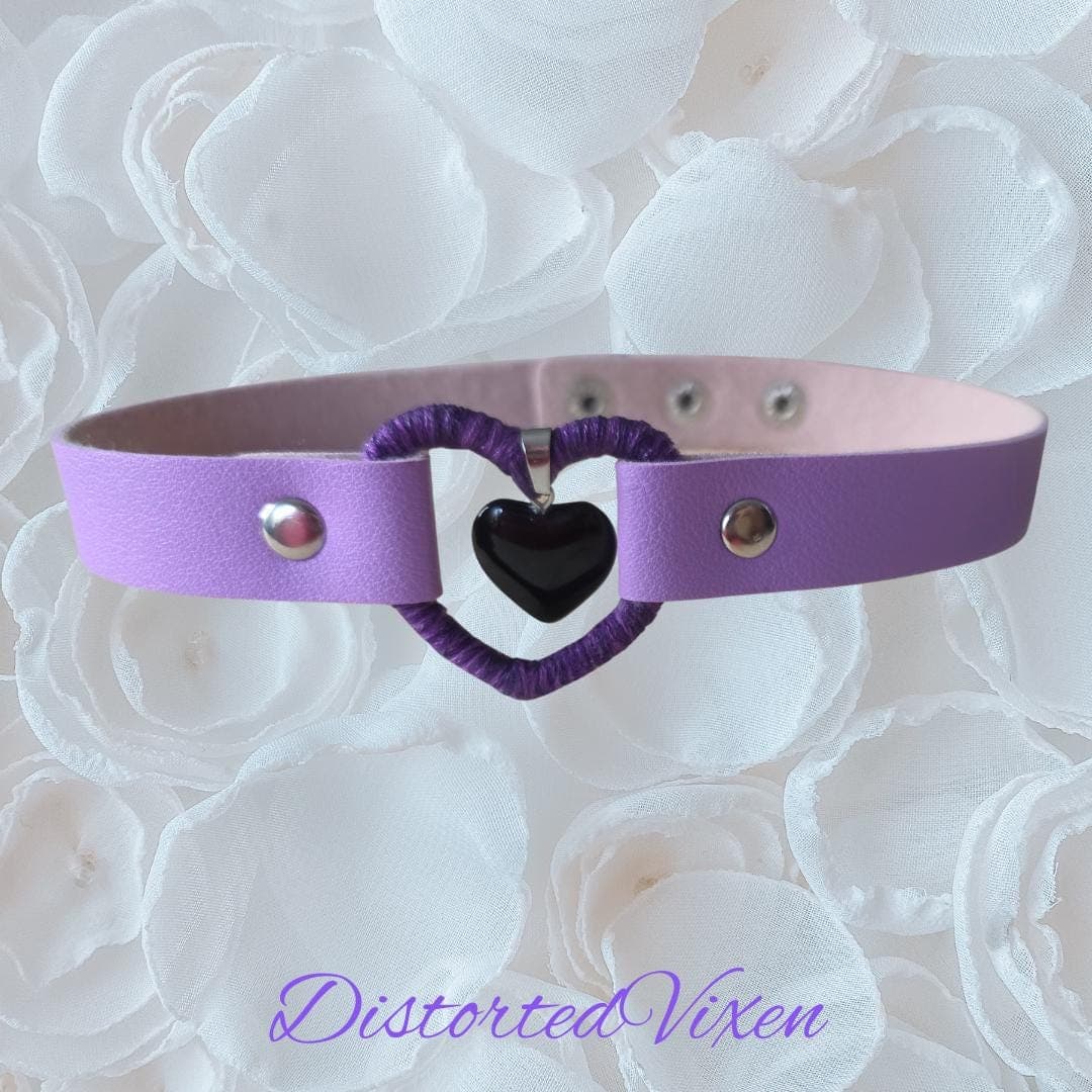 Black Obsidian Heart Choker – Lilac Faux Leather, Gothic Necklace - Thumbnail 5