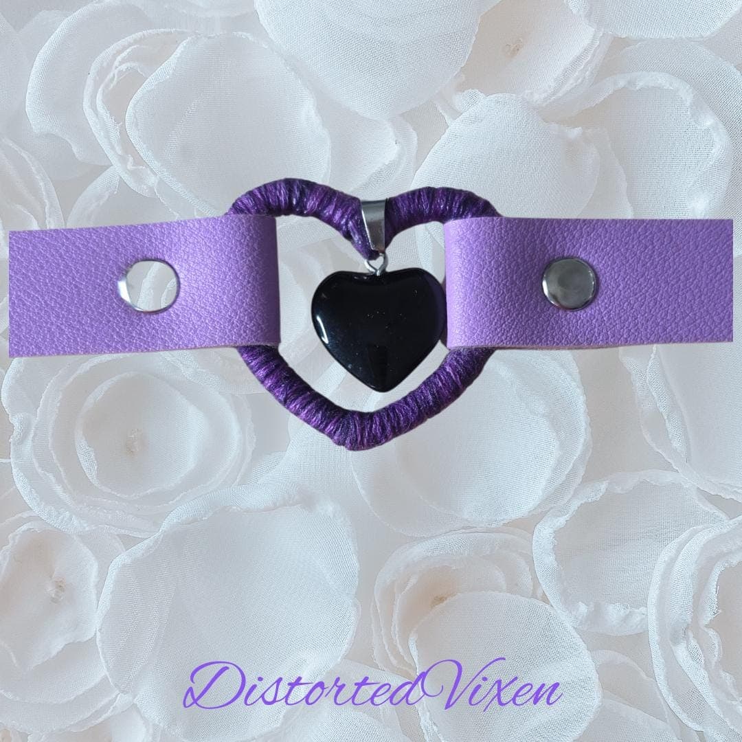 Black Obsidian Heart Choker – Lilac Faux Leather, Gothic Necklace - Thumbnail 4