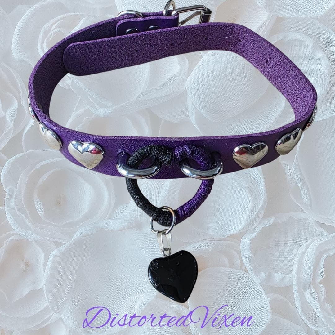 Gothic Purple Heart Choker – Wrapped Center Ring Collar with Black Heart Pendant - Thumbnail 8