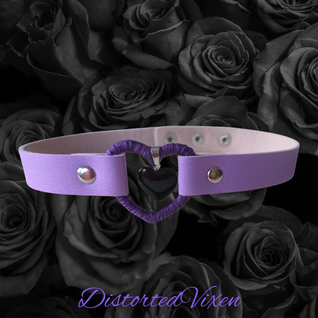 Black Obsidian Heart Choker – Lilac Faux Leather, Gothic Necklace - Thumbnail 3