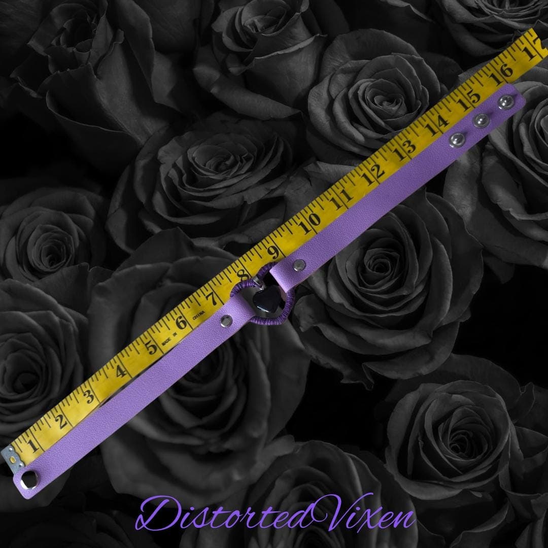 Black Obsidian Heart Choker – Lilac Faux Leather, Gothic Necklace - Thumbnail 2