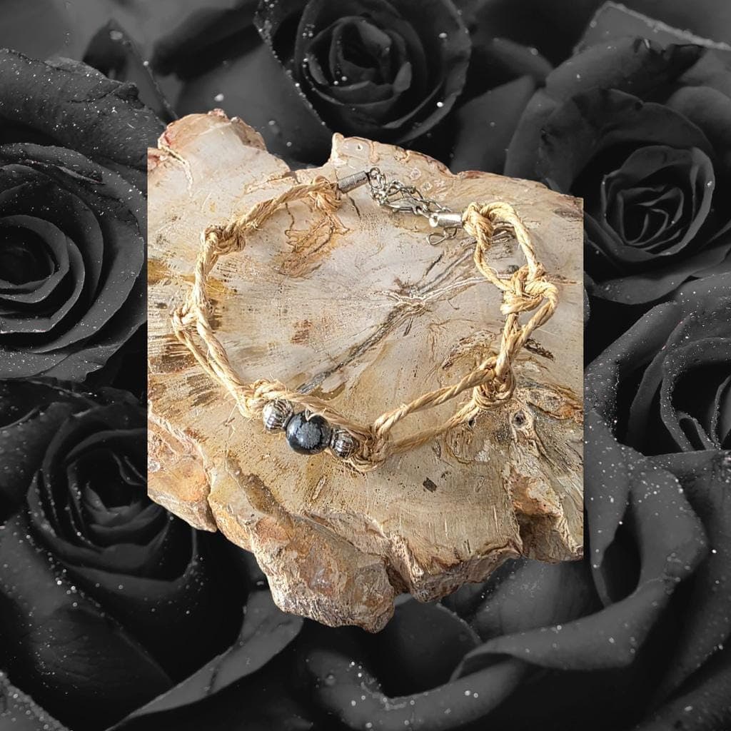 Snowflake Obsidian Hemp Bracelet - Nature-Inspired Gothic Armor Talisman - Boho - Thumbnail 3