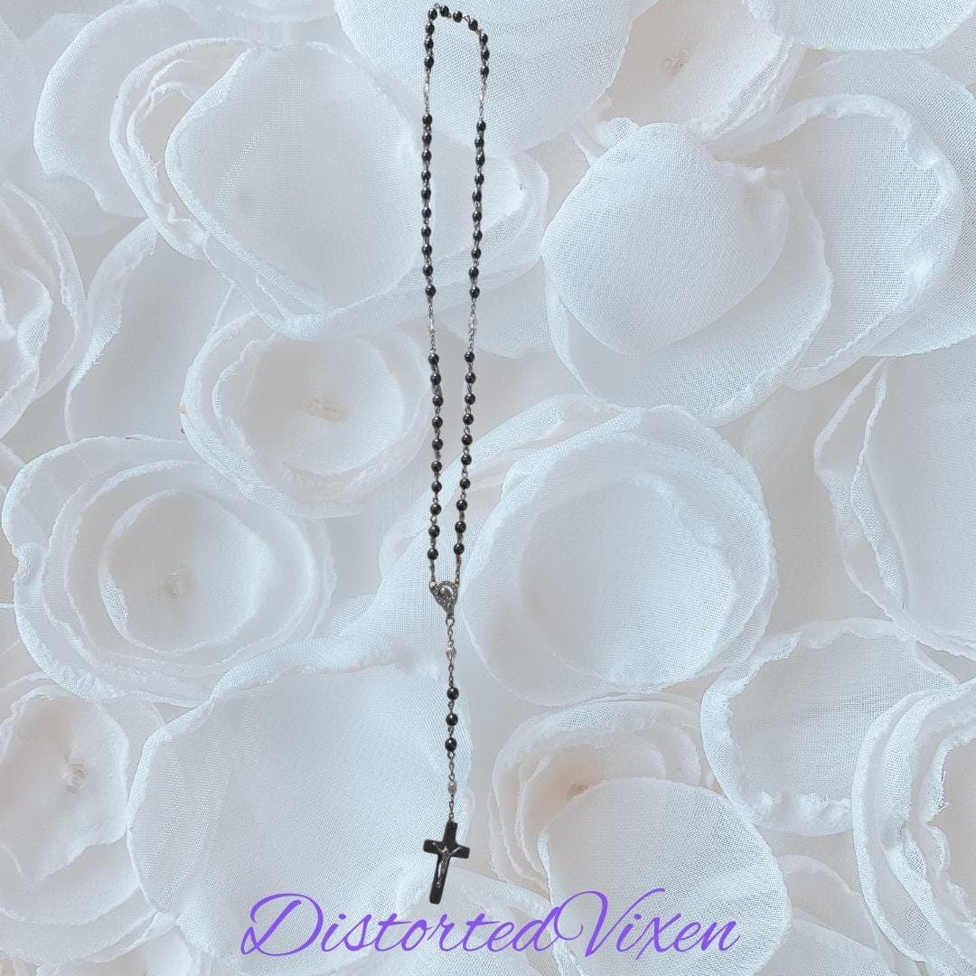 Black hematite Rosary Necklace – Crucifix Pendant, Gothic Cross Jewelry, Beaded Prayer Necklace - Thumbnail 8