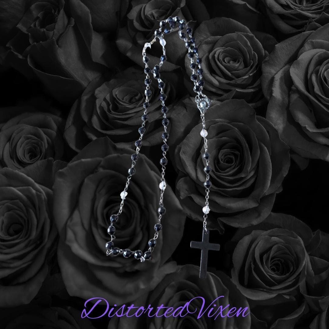 Black Hematite Rosary Necklace – Minimalist Cross, Gothic Prayer Beads, Grounding Jewelry - Thumbnail 2