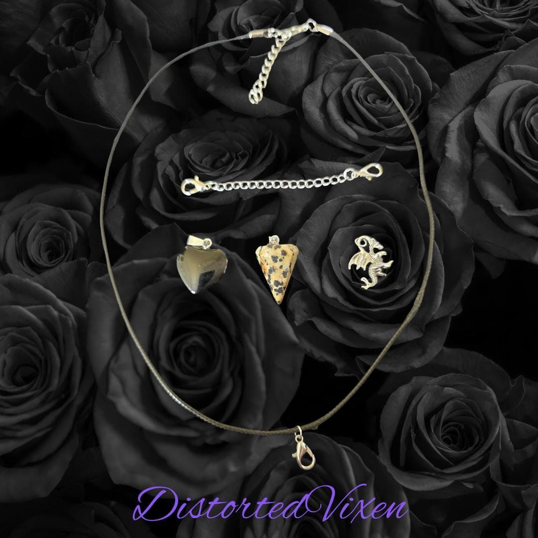 Obsidian Heart Necklace • Dalmatian Jasper Pendulum • Dragon Charm Jewelry - Thumbnail 3