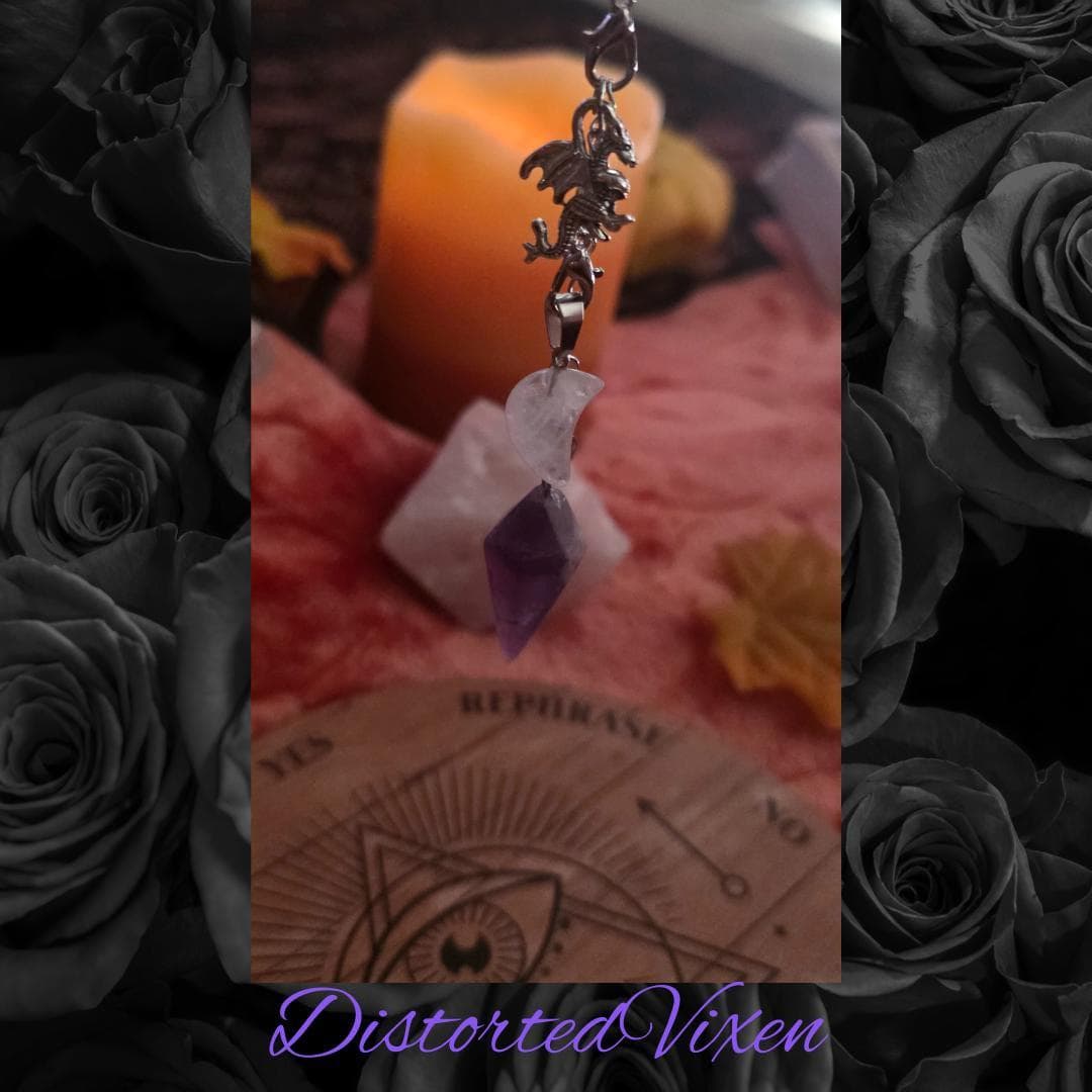 Dragon Amethyst Pendulum Necklace • Clear Quartz Moon • Witch Divination Jewelry • Crystal Dowsing Tool - Thumbnail 8