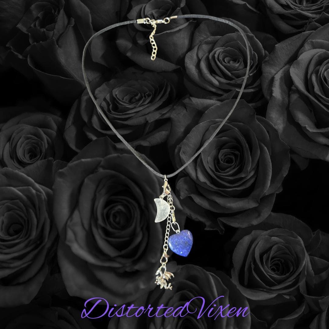 Lapis Heart Necklace with Quartz Moon & Dragon Charm •Blue Crystal Heart Pendant - Thumbnail 5