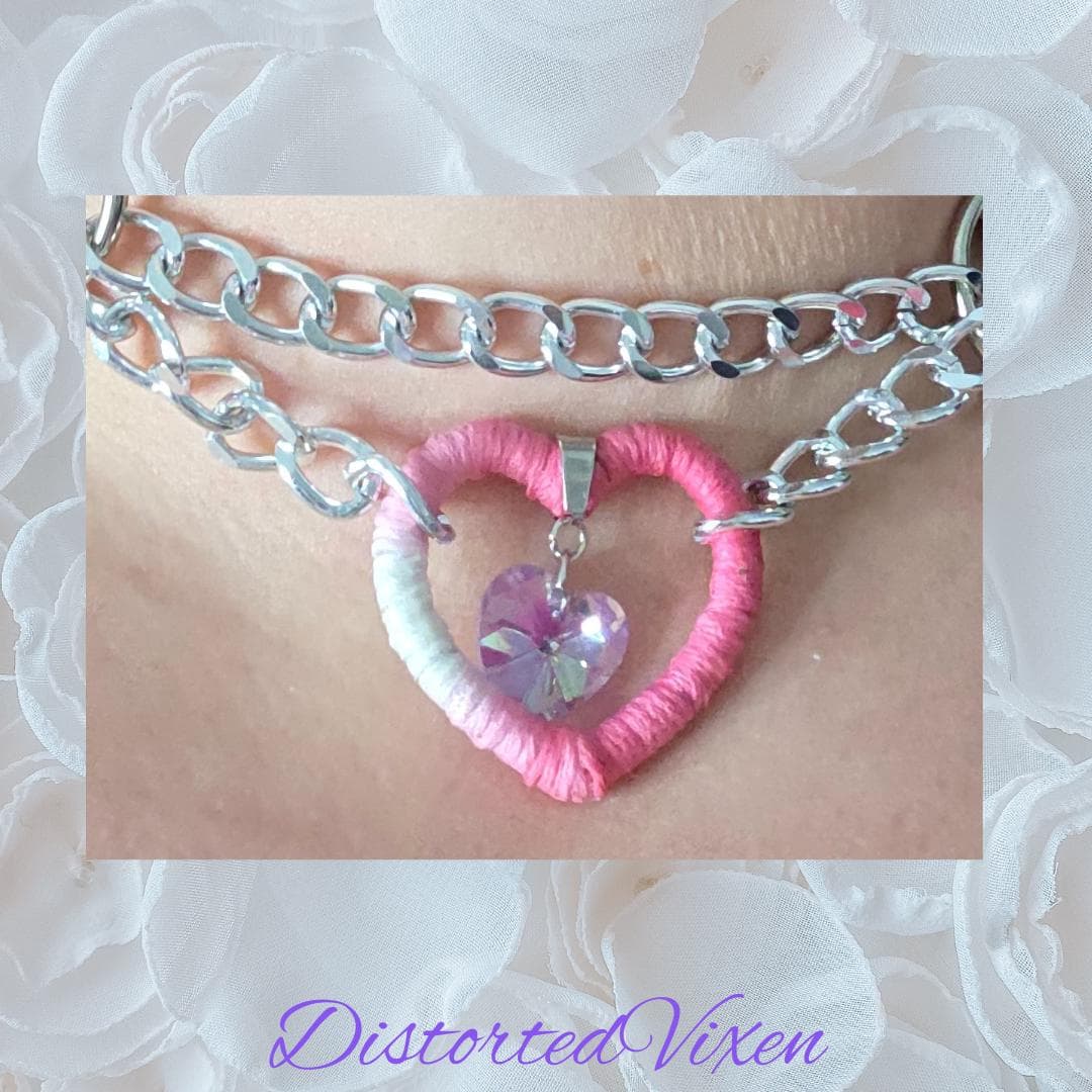 Pink & White Heart Choker – Crystal Charm, Adjustable Alt Jewelry - Thumbnail 2