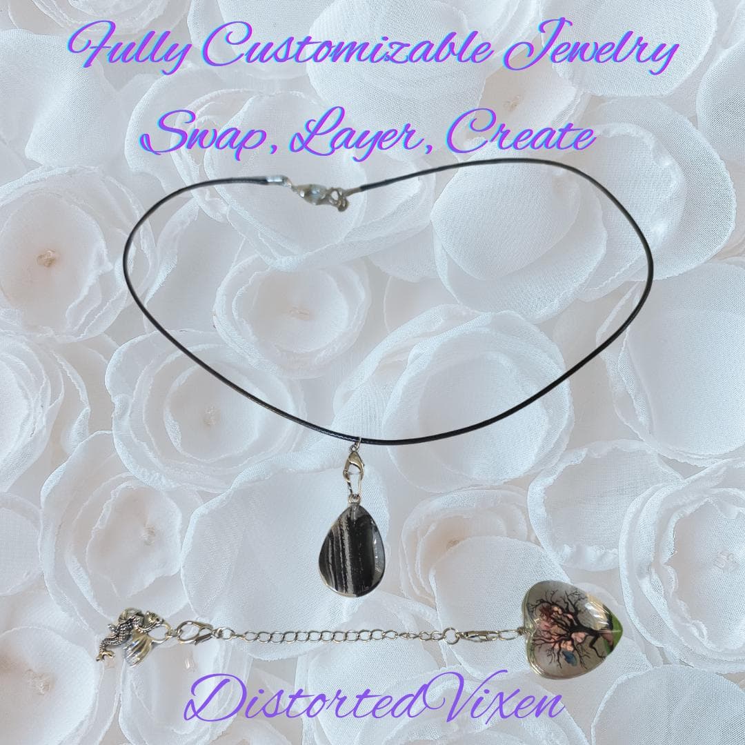 Tree of Life Dragon Necklace Resin Heart and Black Glass Teardrop Pendant, Layering Jewelry - Thumbnail 2