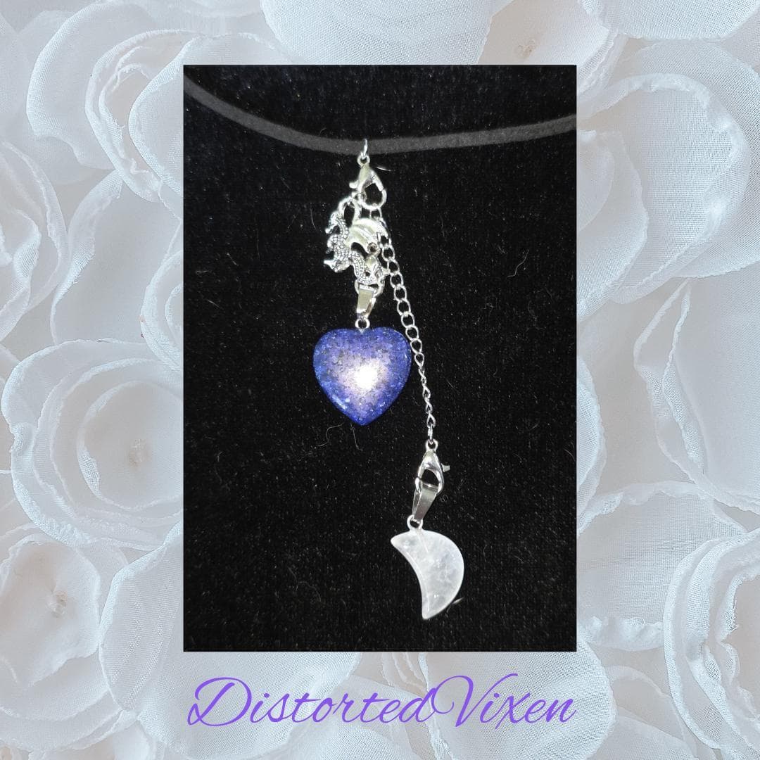 Lapis Heart Necklace with Quartz Moon & Dragon Charm •Blue Crystal Heart Pendant