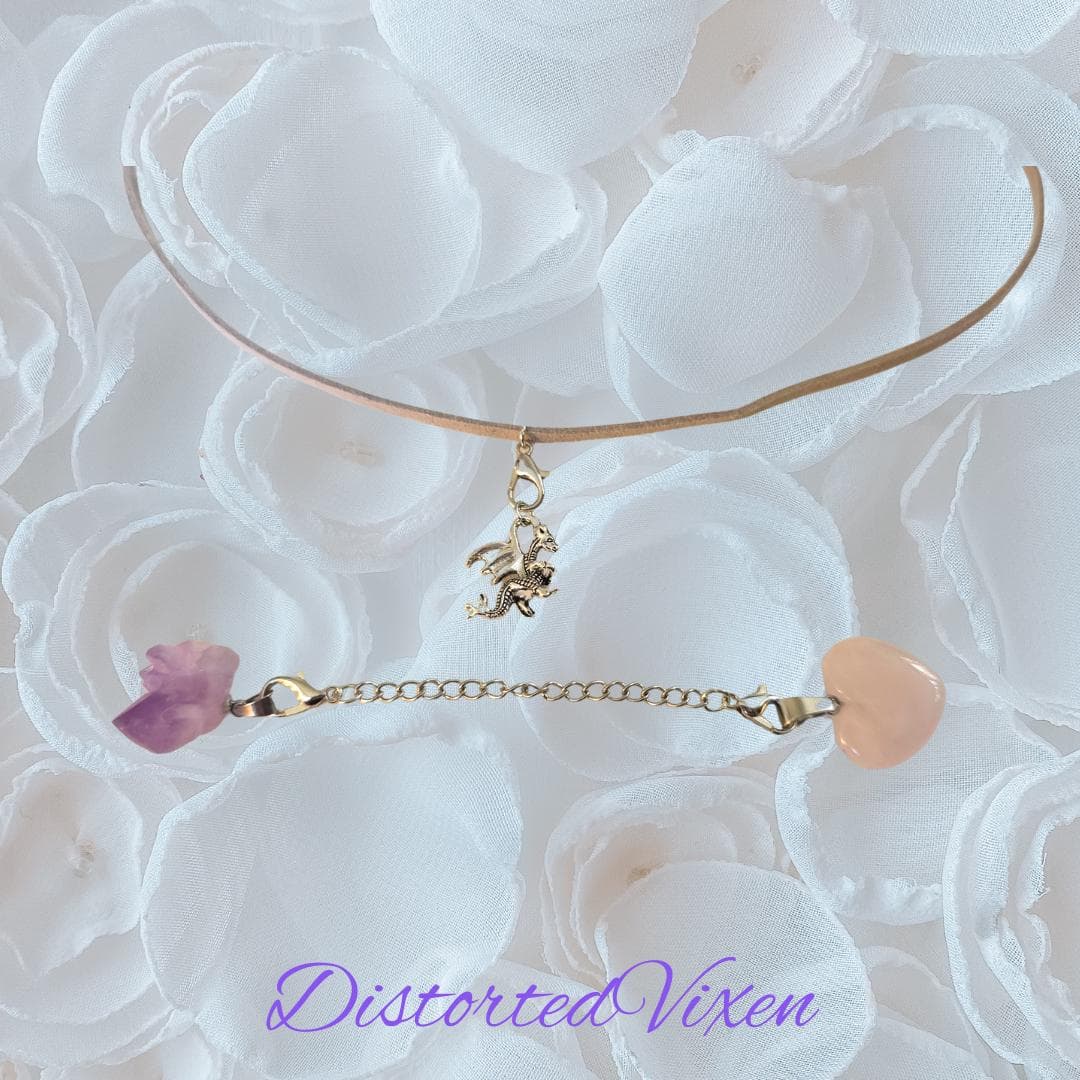 Rose Quartz & Amethyst Dragon Necklace, Adjustable Gray Cord, Interchangeable Charms, Layered Healing Jewelry - Thumbnail 4