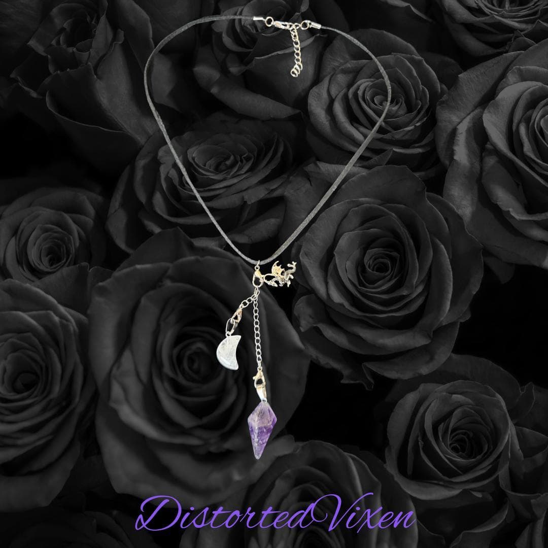 Dragon Amethyst Pendulum Necklace • Clear Quartz Moon • Witch Divination Jewelry • Crystal Dowsing Tool - Thumbnail 5