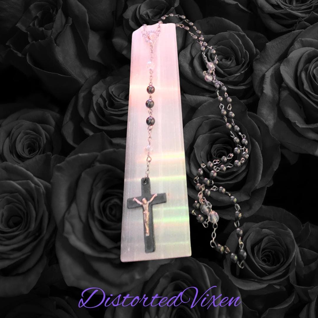 Black hematite Rosary Necklace – Crucifix Pendant, Gothic Cross Jewelry, Beaded Prayer Necklace - Thumbnail 2