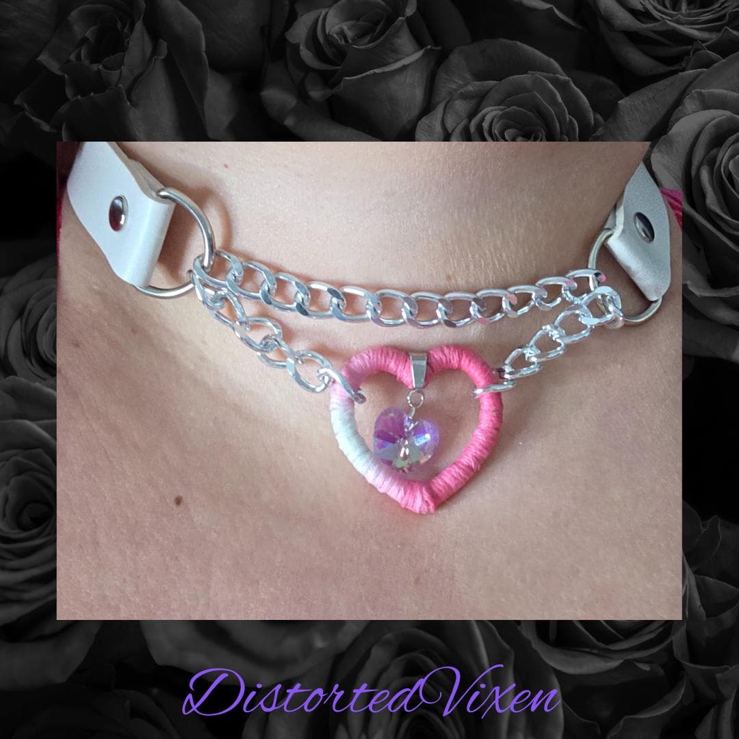 Pink & White Heart Choker – Crystal Charm, Adjustable Alt Jewelry - Thumbnail 8