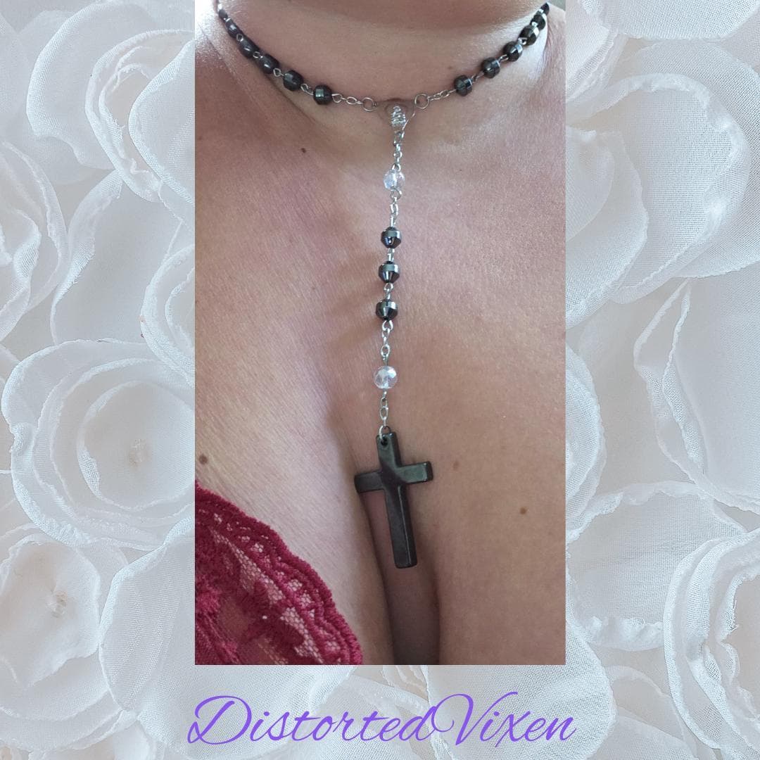 Black Hematite Rosary Necklace – Minimalist Cross, Gothic Prayer Beads, Grounding Jewelry - Thumbnail 4