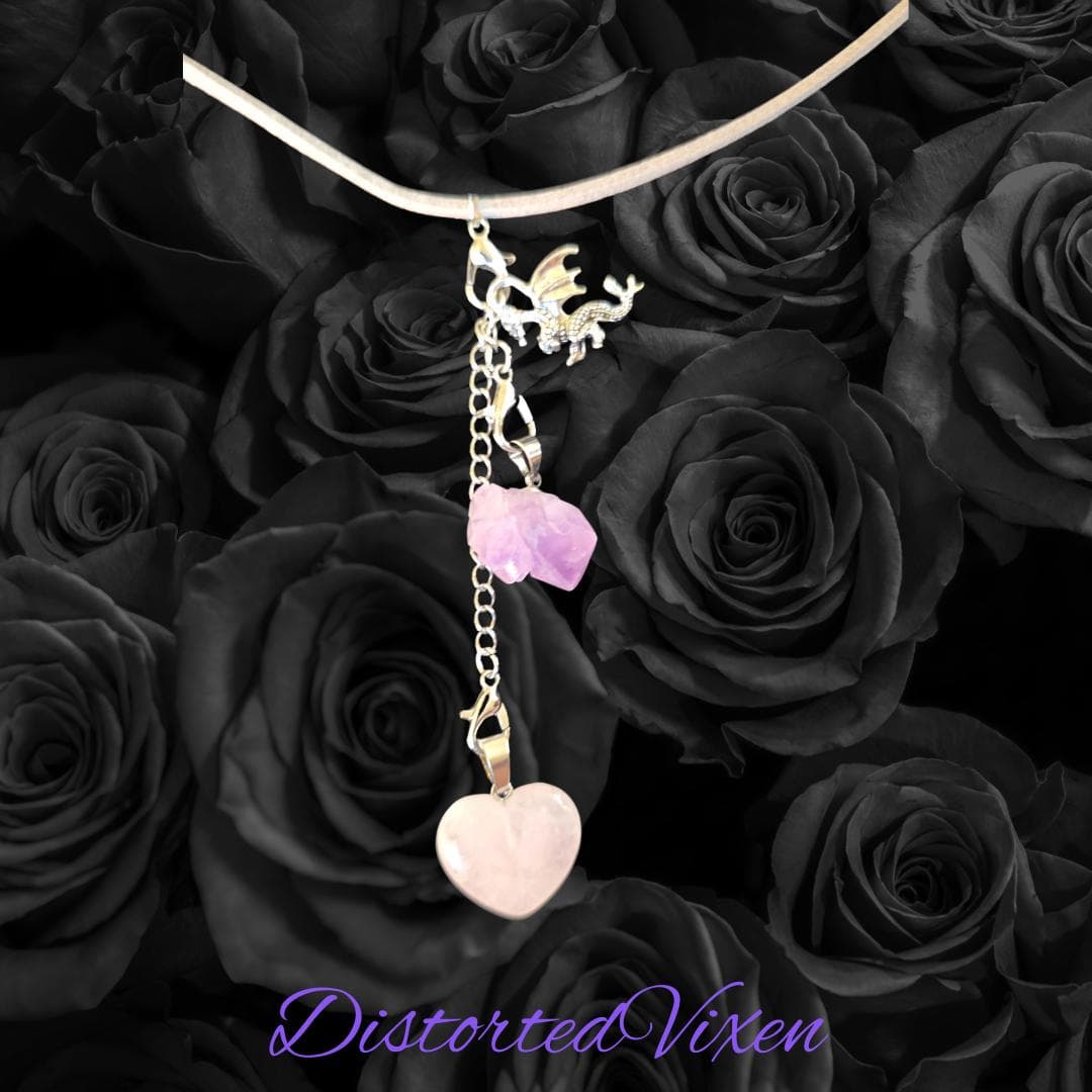 Rose Quartz & Amethyst Dragon Necklace, Adjustable Gray Cord, Interchangeable Charms, Layered Healing Jewelry - Thumbnail 5