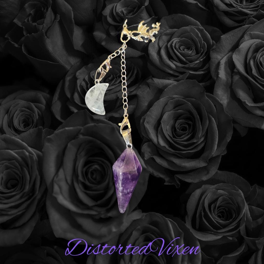 Dragon Amethyst Pendulum Necklace • Clear Quartz Moon • Witch Divination Jewelry • Crystal Dowsing Tool - Thumbnail 6